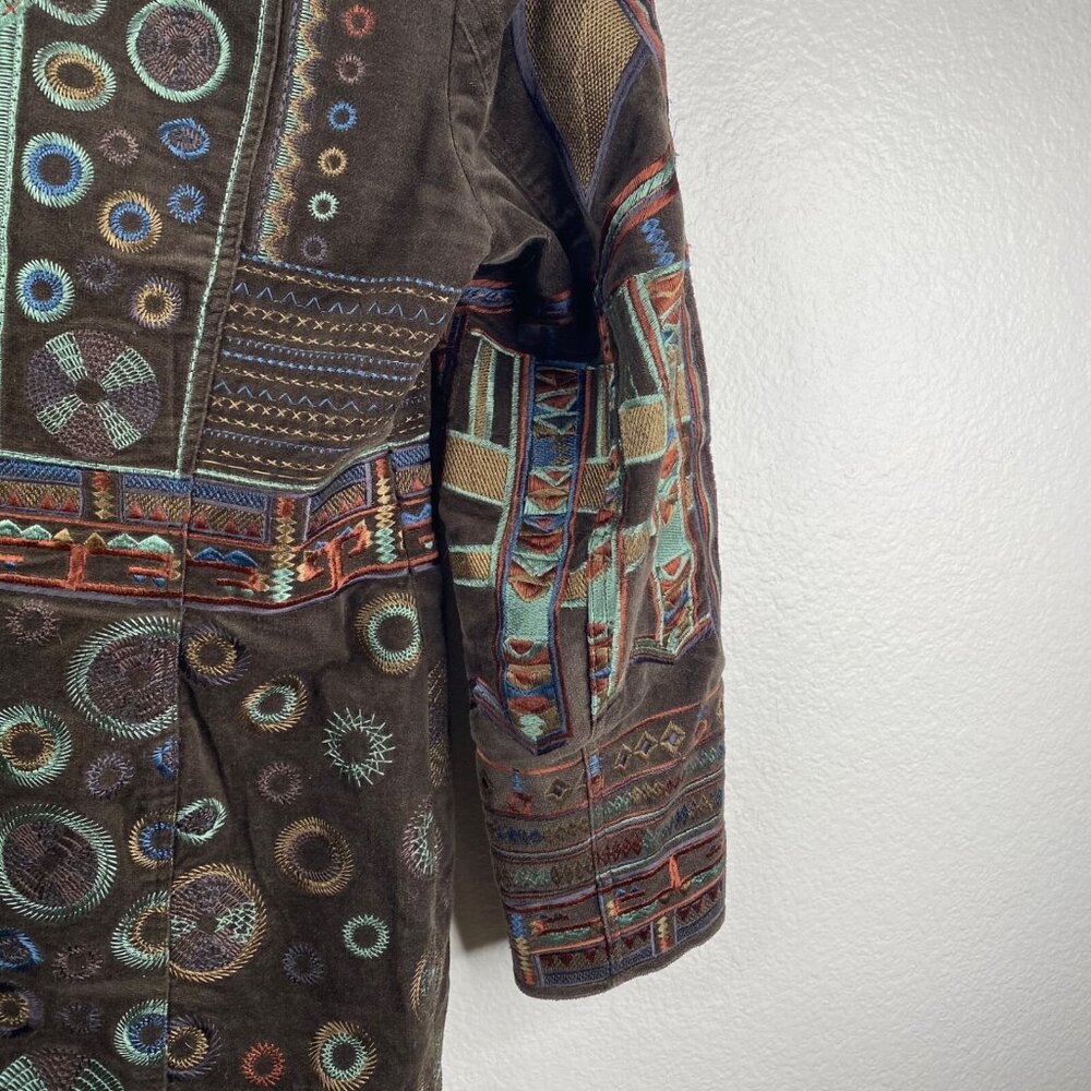 Pamela McCoy Coat Women's Brown Sz M Embroidered Studded Boho Ecletic Mid Length - Picture 13 of 16